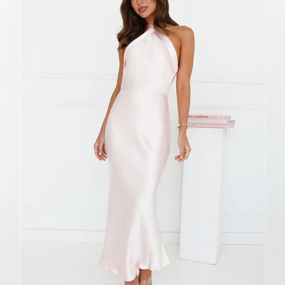 Hello Molly Blush One-Shoulder Satin Maxi Dress